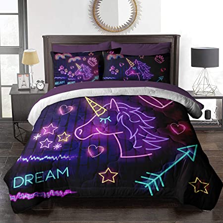 BlessLiving 8-Piece Unicorn Comforter Set Purple Neon Bed in A Bag for Boys Girls - 1 Comforter, 2 Pillow Shams, 1 Flat Sheet, 1 Fitted Sheet, 1 Cushion Cover, 2 Pillowcases (Twin)