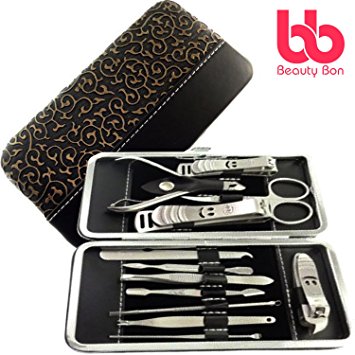 Beauty Bon Manicure, Pedicure Kit, Personal Nail Clippers Set Of 12, Stainless Steel Manicure Tools Kit With Portable Travel Case, All In One Beauty Care Tools medium Gold, Silver, Grey, Black