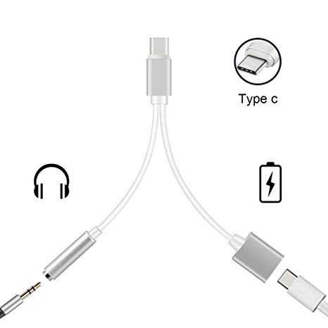 USB-C Adapter, 2 in 1 Type C to 3.5mm Headphone Jack Adapter Connector Converter Cable with Charging For LeTV Motorola Moto Z Tablets USB-C Devices Earphone Cable Adapter