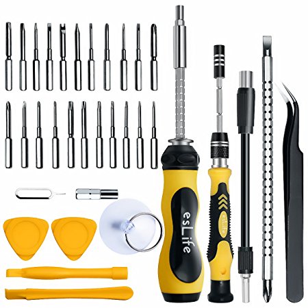 esLife Portable Screwdriver Set 36 in 1 Magnet Driver Tools with Dual Handles, 22 Long Precision Bits and Extension Kits for Repair, Maintenance and PC building
