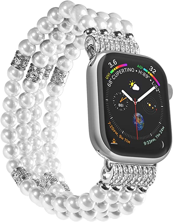 Imymax Replacement for Apple Watch Band 42/44mm Handmade Beaded Elastic Stretch Faux Pearl Bracelet Replacement iWatch Strap/Wristband for iWatch Series 4/3/2/1 - White for Women Girl