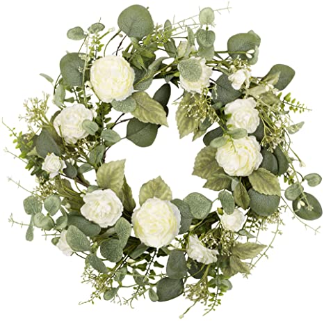 18 inch Artificial Spring Wreath White Peony Floral Wreath for Front Door Wall Wedding Party Home Decor