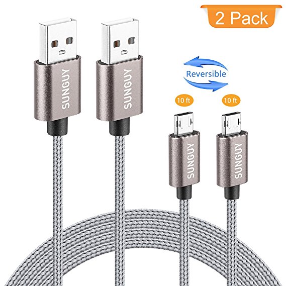 Micro USB Cable Reversible, SUNGUY 2-Pack 3M/10ft Double Sided Nylon Braided Durable Plugable Charging Data Sync Cable Cord for Samsung S7 / S7 edge, Moto G5S Plus, Huawei P10 Lite and More (Grey)