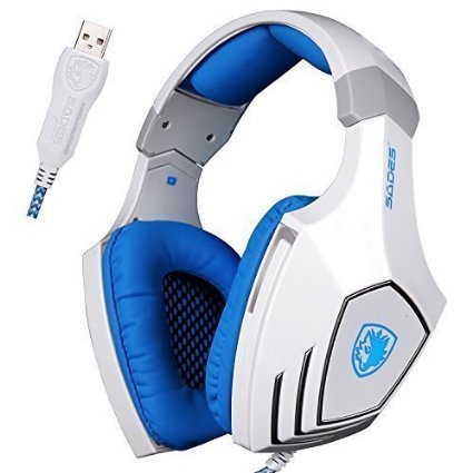 GW SADES AW80 Wired USB Surround Sound Stereo Over-Ear Gaming Headset headphones with Mic Bass Vibration Noise-Canceling Volume Control for PC WhiteampBlue