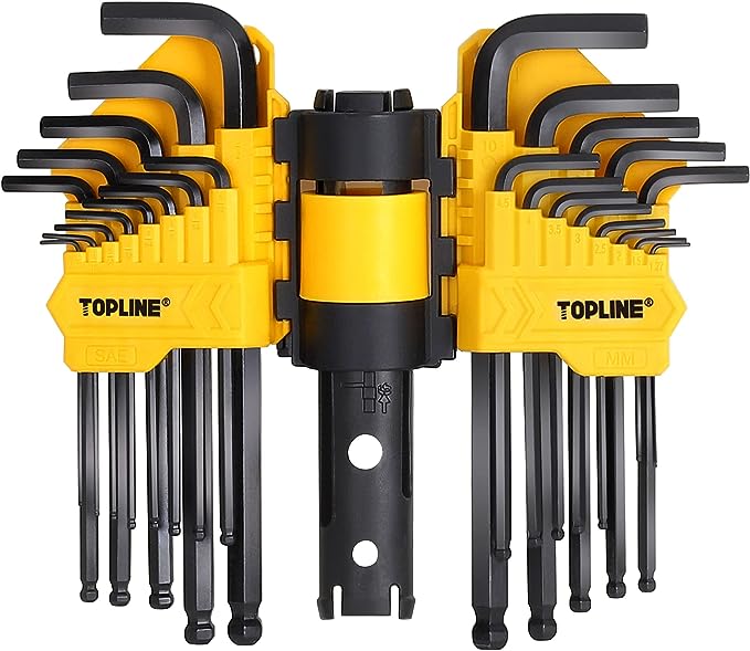 Topline 27-Piece Long Arm Allen Wrench Set with Ball End, SAE, Metric Hex Key Set Included, Portable T-Handle Allen Key Set for Basic Home Repair and General Applications