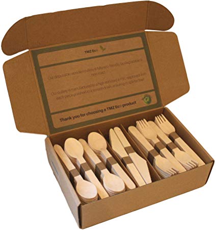 TMZ Eco - Natural Biodegradable Wooden Cutlery Set 300 Piece. Disposable Wooden Forks, Knives, Spoons Utensil Set. Eco Friendly Alternative to Plastic. 300 Count - 120 Forks, 120 Spoons, 60 Knives.