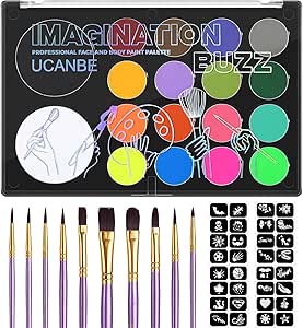 UCANBE Face Painting Kit for Kids & Adult-18 Colors Non-Toxic Water Based Face Body Paint Palette with Paint Brushes&Stencils, Professional Facepaint Set for Halloween SFX Makeup, Cosplay & Costume