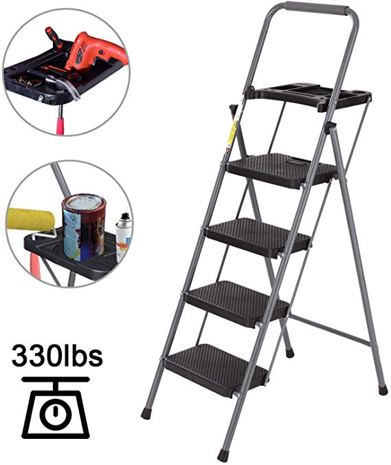 Folding 4 Step Ladder,Stool Ladder with Tool Platform Portable by Lightweight Steel for Indoor/Outdoor with Sturdy Wide Pedal and Anti Slip Handgrip,330 lbs Capacity