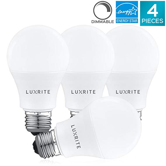 Luxrite A19 LED Light Bulb 60W Equivalent, 3000K Warm White Dimmable, 800 Lumens, Standard LED Bulb 9W, E26 Base, Energy Star, Enclosed Fixture Rated, Perfect for Lamps and Home Lighting (4 Pack)