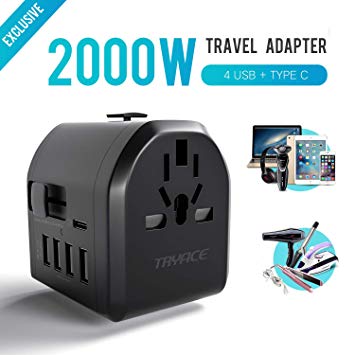 Travel Adapter,TryAce 2000W Universal Travel Power Adapter 8A with 4 USB & Type C Charging Ports,All in One AC Outlet Plug Wall Charger Adapter for Europe, UK, US, AU, Asia Covers 190 Countries