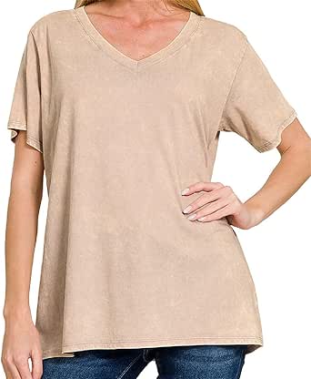 Women’s Short Sleeve V Neck Mineral Wash Cotton T Shirt Top Blouse Tunic S-3XL