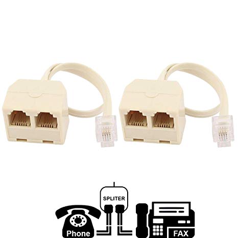 Two Way Telephone Splitters, RJ11 6P4C, 1 Male to 2 Female Converter, Telephone Wall Adaptor and Splitter for Landline Telephone by True Décor (2 Pack)