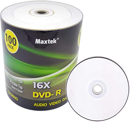 Maxtek Premium Grade White Inkjet HUB Printable DVD-R DVDR 16x Blank Disc, 4.7GB, 120min. 100 Pcs Pack.