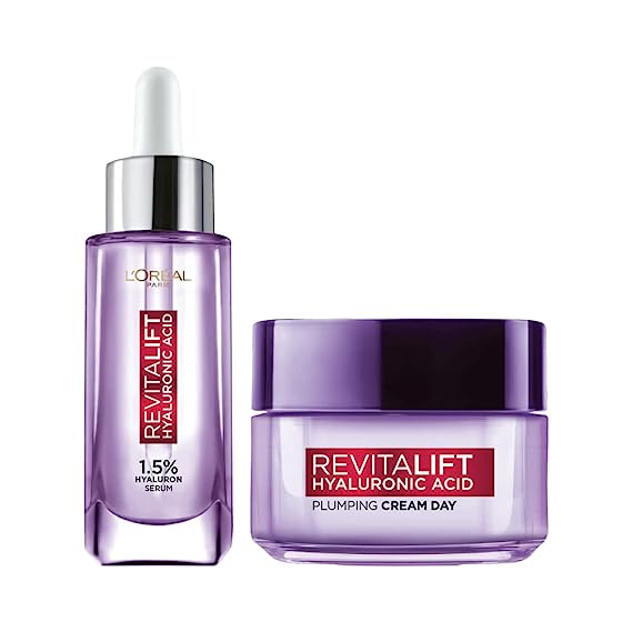L'Oreal Paris Skincare Routine, Hydrated, Plump Skin Combo, With Hyaluronic Acid, Revitalift Hyaluronic Acid Serum, 15ml   Hyaluronic Acid Plumping Day Cream, 15ml