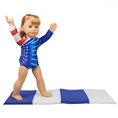 Gymnastics Outfit and Mat Set for American Girl Dolls: 2 Pcs Doll Clothes (Patriotic Design for Summer Olympics)