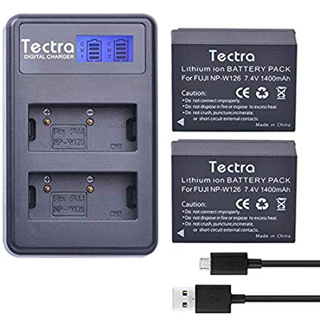 Tectra 2 Pack NP-W126 NP W126s Replacement Battery   Rapid LCD Display Dual USB Charger for Fuji FinePix HS30EXR,HS33EXR,HS50EXR,X-A1,X-A3,X-E1,X-E2,X-M1,X-T1,X-T2,X-T10,X-Pro1,X-PRO2