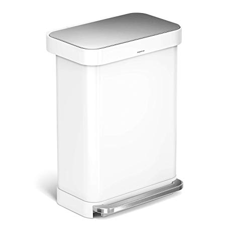 simplehuman 55 Liter / 14.5 Gallon Stainless Steel Rectangular Kitchen Step Trash Can with Liner Pocket, White Steel