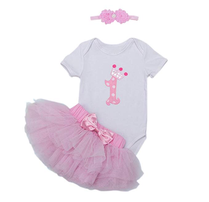 Marlegard Long Short Sleeves Baby Girls' 3PCs Pink 1st Birthday Jumpsuit Tutu Skirt Headband