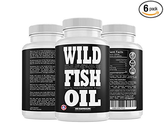 Wild Fish Oil Caps, Sustainable Omega-3 DPA, EPA, DHA 1000mg Supplement, Friends of The Sea Certified, Ultra-Premium Burp Less Formulation, Harvested from U.S. Waters (6 Bottles - 60x Count)