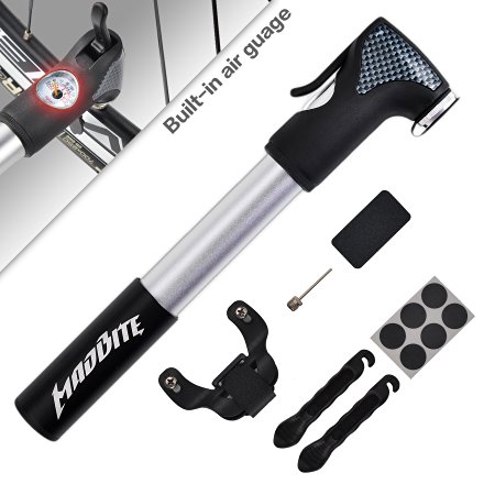 Bike Pump--MadBite® Mini Bike Air Pump 120PSI Telescopic, Compact & Portable Bicycle Frame Pump - Easy-Read Gauge - BONUS 2 Tire Bars, 6-Piece Glueless Puncture Repair Kit, 1 Inflation Needle - Fits Presta and Schrader Air Valves, Lifetime Warranty