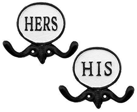 AuldHome His and Hers Towel Hooks (Set of 2); Cast Iron Rustic Farmhouse Decor Door Wall Hangers