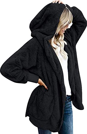 Womens Fuzzy Jacket Hooded Cardigan Open Front Sherpa Coat Outwear with Pockets