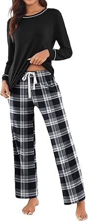 Ekouaer Womens Pajama Set 2 Piece Long Sleeve PJs with Plaid Pants Drawstring Elastic Waist Sleepwear Lounge Set