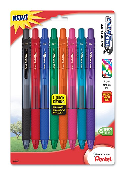 Pentel EnerGel-X Colors Retractable Liquid Gel Pen, 0.7mm, Metal Tip, Assorted Ink, 8 Pack (BL107CRBP8M)