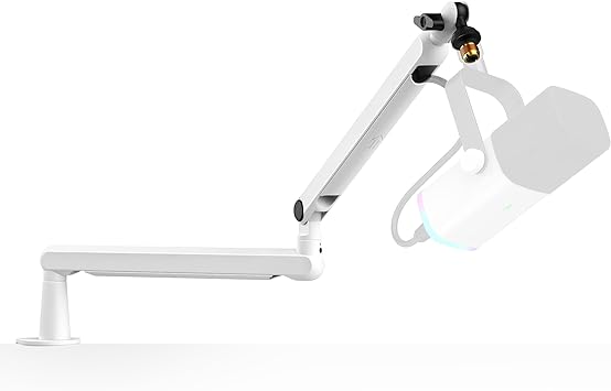 FIFINE Microphone Stand, Mic Boom Arm Stand, Low Profile Podcast Scissor Suspension Stand with Desk Mount, Cables Channels Management, Metal Arm Stand for Recording, Streaming, Gaming-BM88 White