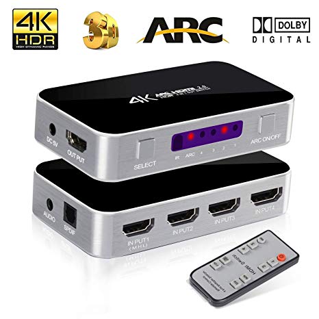 HDMI Switch,AOKEN 4K@60Hz 4 Port 4 x 1 HDMI Switcher Selector with IR Wireless Remote Control,Max Bandwidth of 18Gbps, Support DTS-HD/Dolby-TrueHD/DTS/Dolby-AC3/ DSD
