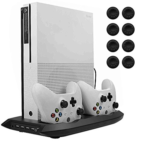 Lictin Xbox One S Vertical Stand Cooling Fan with Dual Charging Station for 2 Xbox One S Controllers   8 Silicone Thumb for Xbox One S Controller(Black)