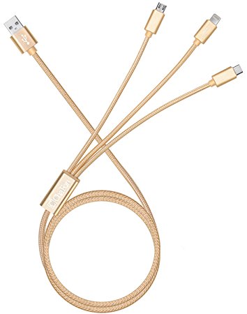 Multi USB Cable,Chafon 3.3 Feet (1M) 3 in 1 USB Charge Cable with 8 Pin Lightning, USB C, Micro USB Charger Connector for Android & iPhone Smartphones, iPad Tablets - Nylon Braided(Golden)