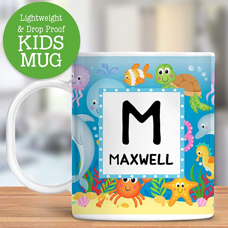 Kids Personalized Mug Sea Life Ocean Animals Customize with Name and Initial Lightweight and Drop Proof | Dishwasher Safe Child Toddler Unbreakable Cup BPA Free