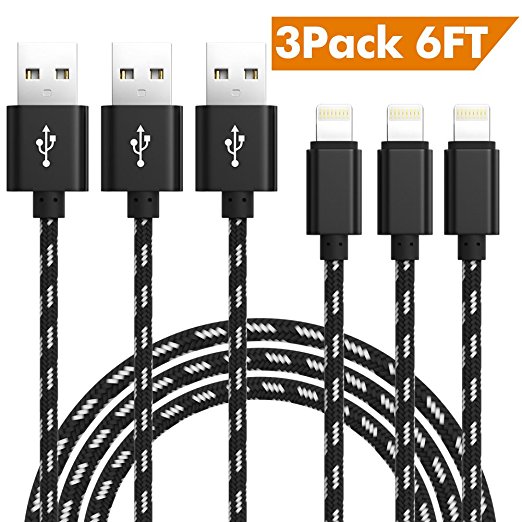 TNSO iPhone Cable 3Pack 6FT Extra Long Nylon Braided 8 Pin Lightning Cable USB Charger Cord Compatible with iPhone 7/7 Plus/6S/6S Plus,5/5S/SE,iPad,iPod