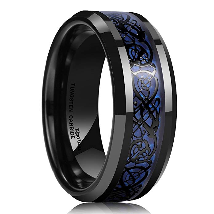 King Will Dragon Men's 8mm Blue Carbon Fiber Black Celtic Dragon Tungsten Carbide Ring Wedding Band