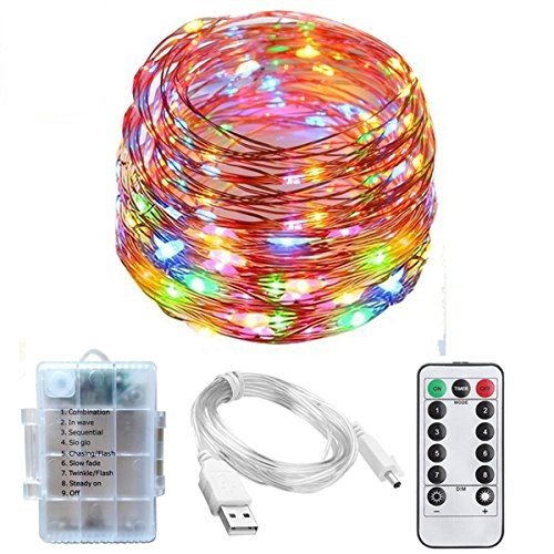 [Timer, Dimmable] Battery/USB Operated Led String Fairy Lights with Remote, 8 mode, Outdoor Waterproof Flexible Copper Wire Starry String Lights for Christmas Patio Wedding Party Bedroom(Colorful, 65.6ft 200Leds)