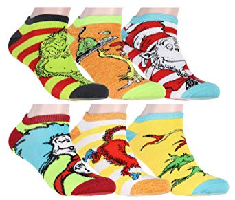 Dr. Seuss Socks Adult Book Character Designs 6 Pack Mix and Match No Show Ankle Socks