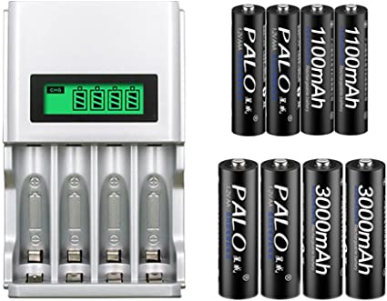 PALO 4 Slots Smart Intelligent AAA AA Rechargeable Batteries Battery Charger LCD Display with 4PCS AA 3000mAh and 4PCS AAA 1100mAh Batteries (with 4PCS AA and 4PCS AAA Batteries)