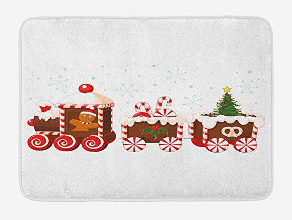 Ambesonne Christmas Bath Mat, Train with Gingerbread Cream Candy Cartoon Toys Snowflakes Presents, Plush Bathroom Decor Mat with Non Slip Backing, 29.5 W X 17.5 W Inches, White Brown Vermilion