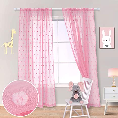 Pink Curtains 84 Inch Length for Nursery Girls Bedroom 2 Panels Rod Pocket Pom Pom Dot Texture Sheer Curtains for Girls Room Decor Decorations Kids Baby 52 x 84 Inches Long Light Pale Pink