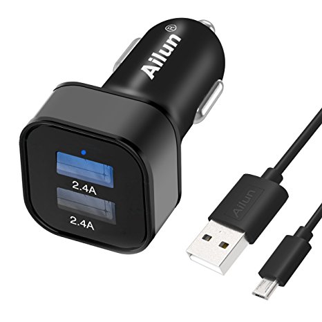 Car Charger Adapter,Dual Smart USB Ports,4.8A/24W,With Micro usb cable,Universal for Mobile Device[Black]