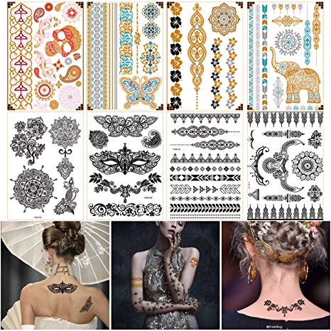 Best Temporary Henna Tattoo Designs - Metallic Gold, Silver & Black Henna Body Art Sticker,Fake Arm Back Chest Wrist Tattoos for Women Girls (Gold&Black Henna)
