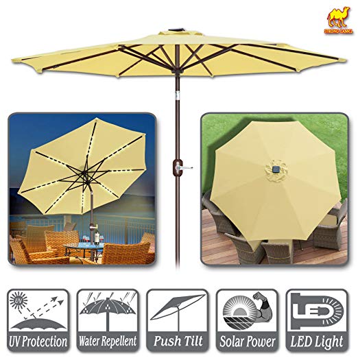 Strong Camel 9ft Solar Lighted Patio Umbrella 40 LED Light Market with Tilt and Crank Parasol Table Round Light Umbrella Sunshade (Beige)