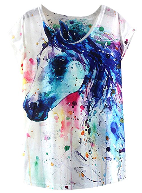 Futurino Women's Dream Mysterious Horse Print Short Sleeve Tops Casual Tee Shirt
