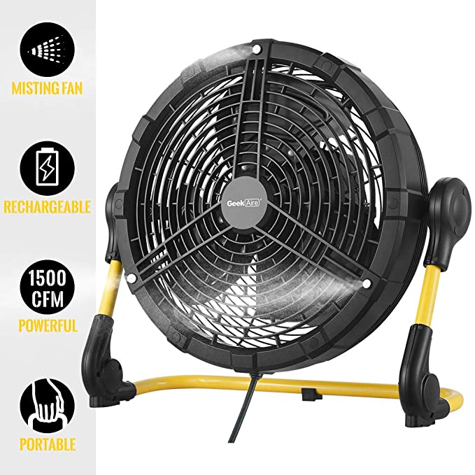 Geek Aire Battery Operated Fan, Rechargeable Outdoor Misting Fan, Portable High Velocity Metal Floor Fan with 15000mAh Detachable Battery & Misting Function, Ideal for Patio, Camping, more - 12 inch
