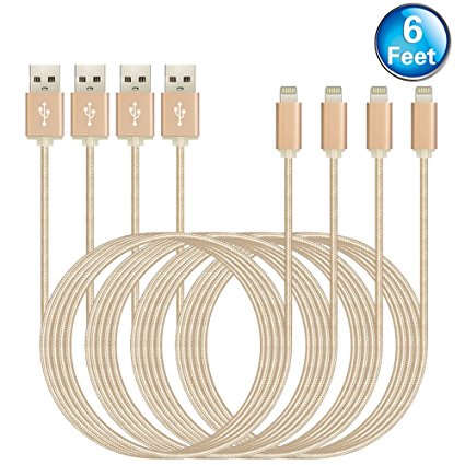 Cabbrix 4 Pack 6 Feet Nylon Braided Lightning to USB Cable Fast Sync Apple Charger for iPhone iPad iPod (Gold)