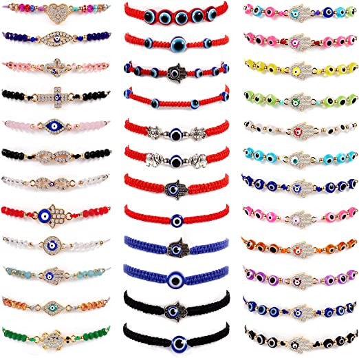 36 Pcs Evil Eye Bracelets Pack for Women Girls Boys - Adjustable Mexican Bracelets with Blue Red Black String knot - Handmade Bracelets with Beads