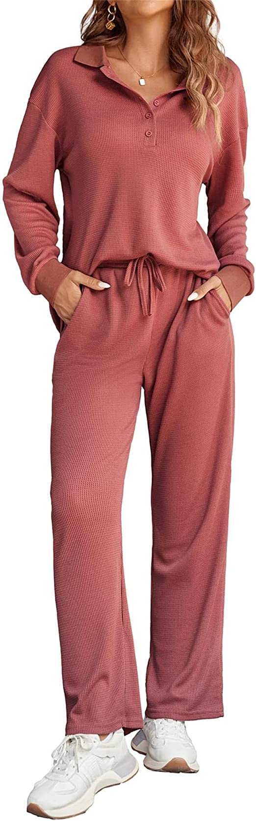 Ekouaer Women's Waffle Knit Pajama Set Long Sleeve Button Top And Wide Leg Pant with Pockets Loungewear 2 Piece Outfits