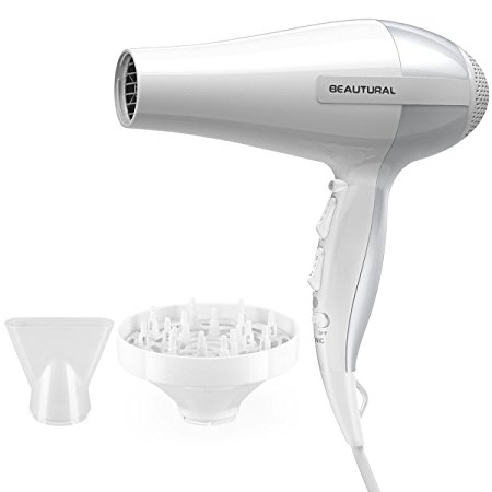 Beautural Professional Hair Dryer Styler with Ionic Function, 3 Heat Levels with 2 Speeds Settings, Cool Airflow, Concentrator and Diffuser Attachments - White