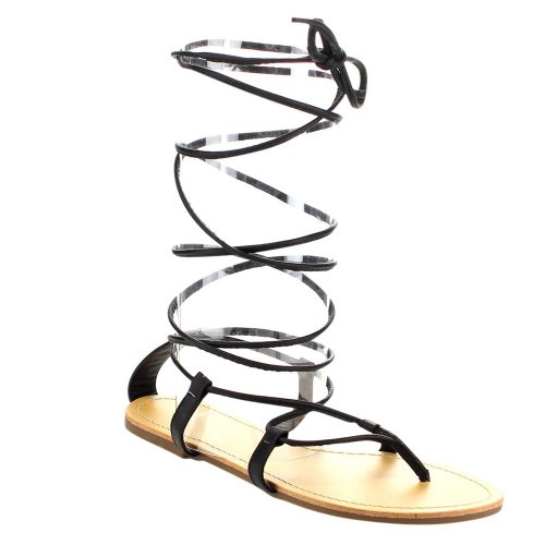 Fashion Focus Ice2 Women's Under Knee High Gladiator Leg Wrap Lace Up Thong Flat Sandal